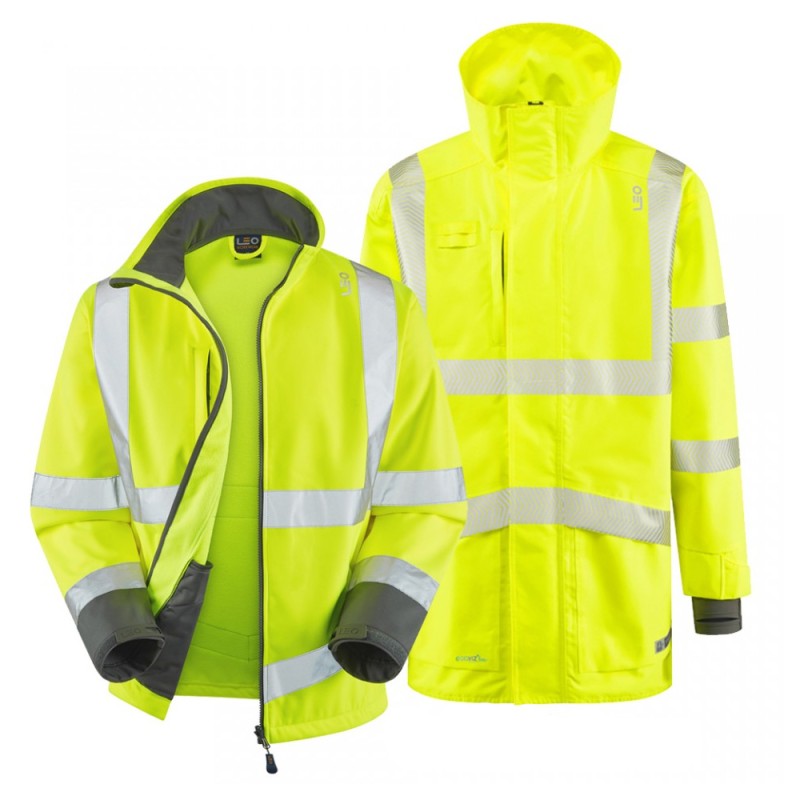 Leo Workwear Clovelly With Buckland Class 3 Hi-Vis Yellow / Navy Anorak Softshell Jacket