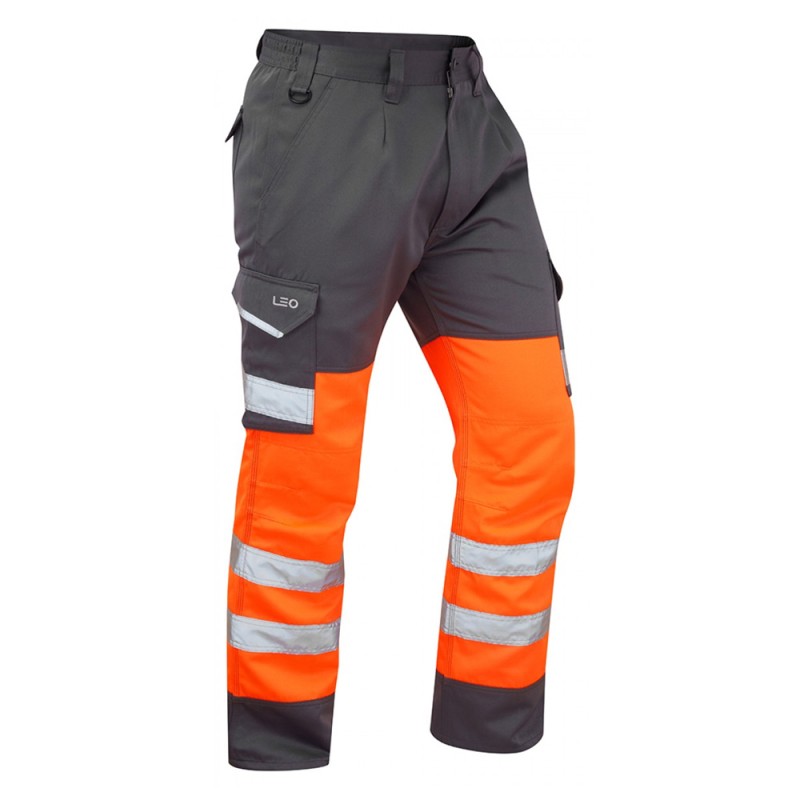 Leo Workwear Bideford Class 1 GO/RT Orange / Grey Hi Vis Work Trousers