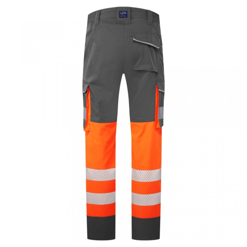 Leo Workwear Winsford Hi-Vis Orange / Grey Stretch Cargo Trousers