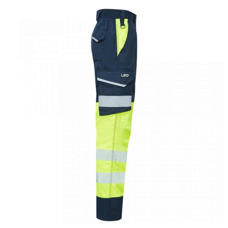 Leo Workwear Winsford Stretch Cargo Trousers Hi-Vis Yellow / Navy