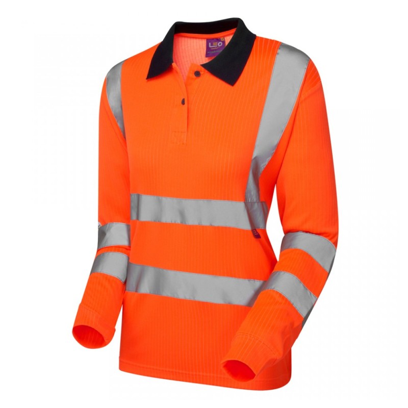Leo Workwear Beaford Class 2 Hi-Vis Orange Women's Long Sleeve Polo Shirt